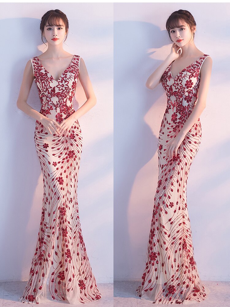 Elegant Mermaid Evening Dress Sleeveless Sequins Robe De Soriee V-neck Tulle Prom Gown Beads Formal Dress New 2023