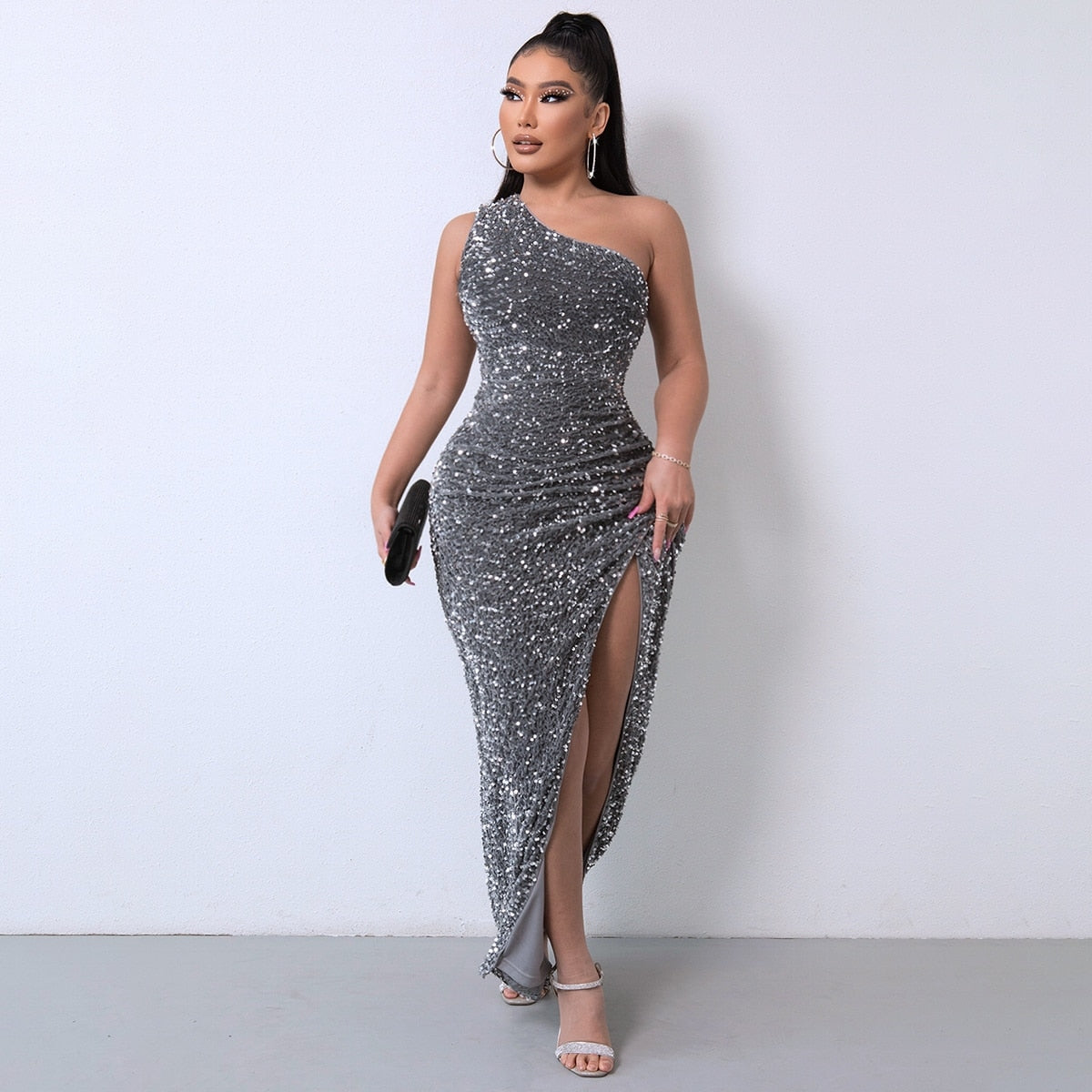 Elegant Dress Black One Shoulder Sexy Cocktail Dress Summer Dress Fashion Irregular Sleeveless Sequin Dress For Party