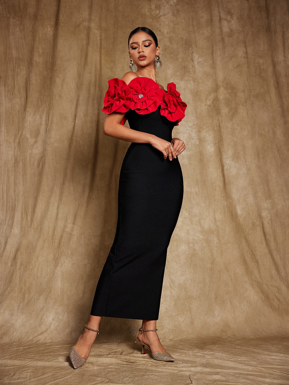 Creed Off Shoulder Flower Bandage Dress In Red