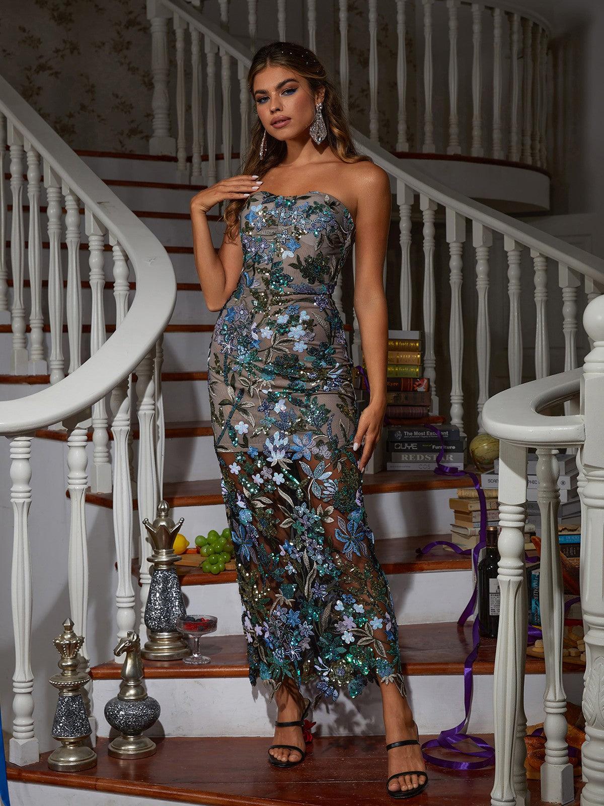 Debra Flower Embroidered Sequin Midi Dress