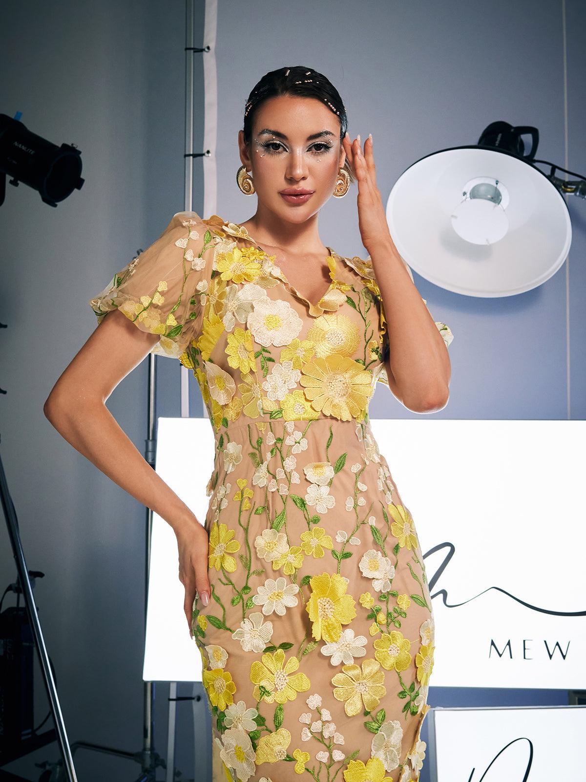 Grayson Flower Embroidered Midi Dress In Yellow
