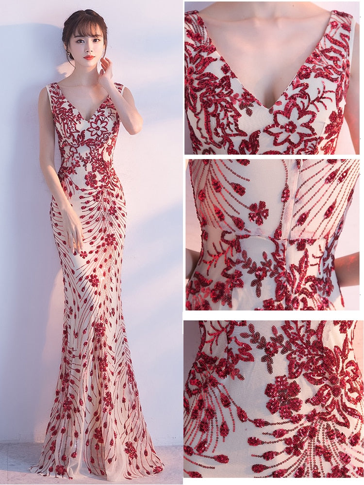 Elegant Mermaid Evening Dress Sleeveless Sequins Robe De Soriee V-neck Tulle Prom Gown Beads Formal Dress New 2023