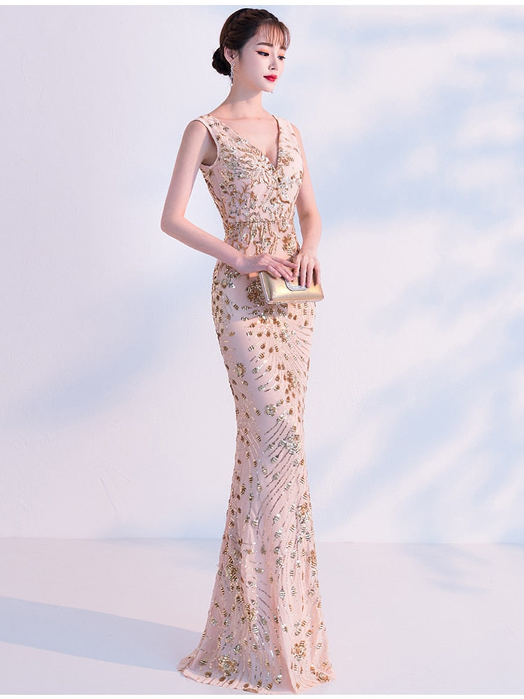 Elegant Mermaid Evening Dress Sleeveless Sequins Robe De Soriee V-neck Tulle Prom Gown Beads Formal Dress New 2023
