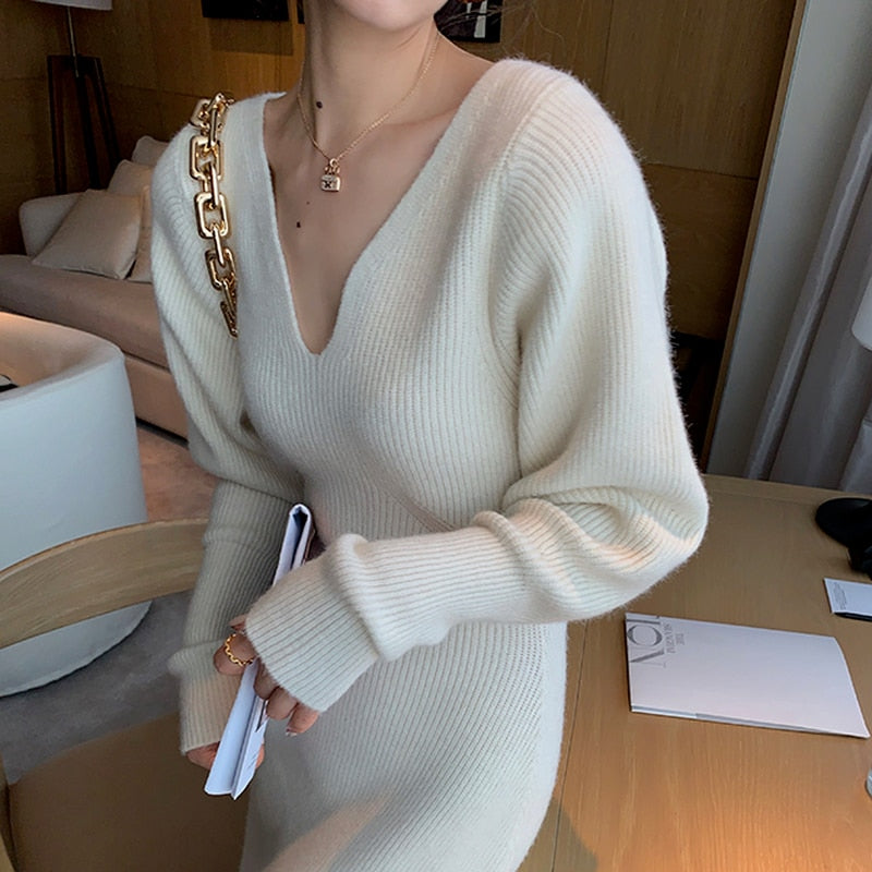 Elegant Long White Knitting Dress Women Winter V-Neck Long Sleeve Bodycon Dress Korean Office Lady High Waist Vintage Dress