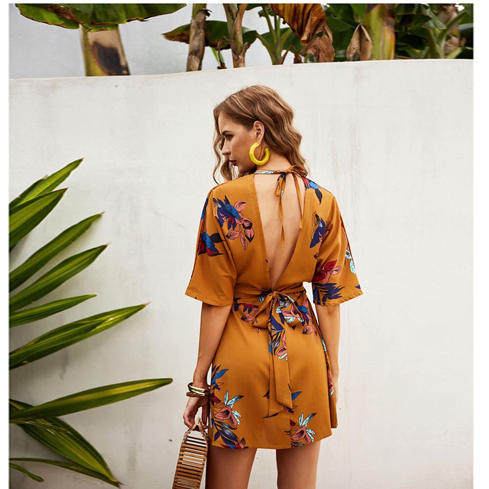 Elegant Ladies Dress For Woman Summer Sexy Deep V-neck Backless Single-breasted Lace Up Dress Casual Beach Vacation Dresses