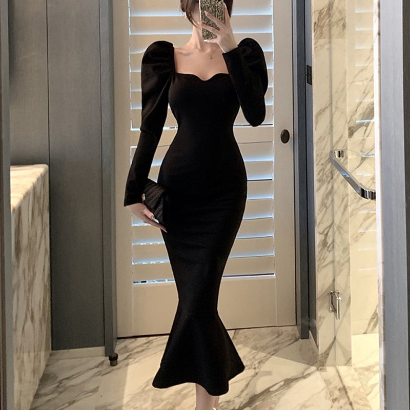 Elegant Mermaid Black Long Dress Women Korean One Piece Vintage Gothic Evening Party Dress Autumn Casual Hepburn Slim Dress 2023