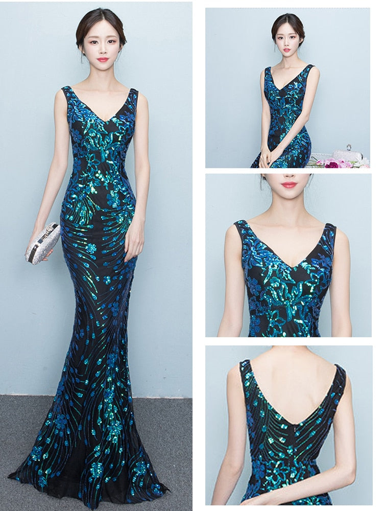 Elegant Mermaid Evening Dress Sleeveless Sequins Robe De Soriee V-neck Tulle Prom Gown Beads Formal Dress New 2023
