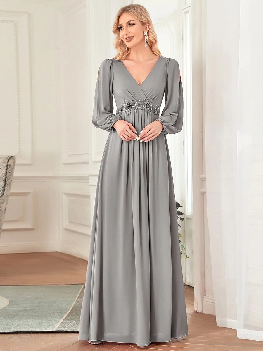 Elegant Evening Dresses Long Lantern Sleeves V-neck 2023 ever pretty of A-LINE Chiffon Burgundy flower beltbelt Prom Dress Women