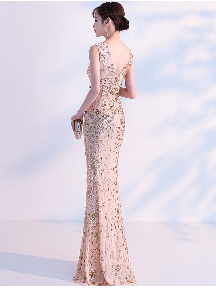 Elegant Mermaid Evening Dress Sleeveless Sequins Robe De Soriee V-neck Tulle Prom Gown Beads Formal Dress New 2023