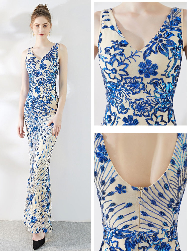 Elegant Mermaid Evening Dress Sleeveless Sequins Robe De Soriee V-neck Tulle Prom Gown Beads Formal Dress New 2023