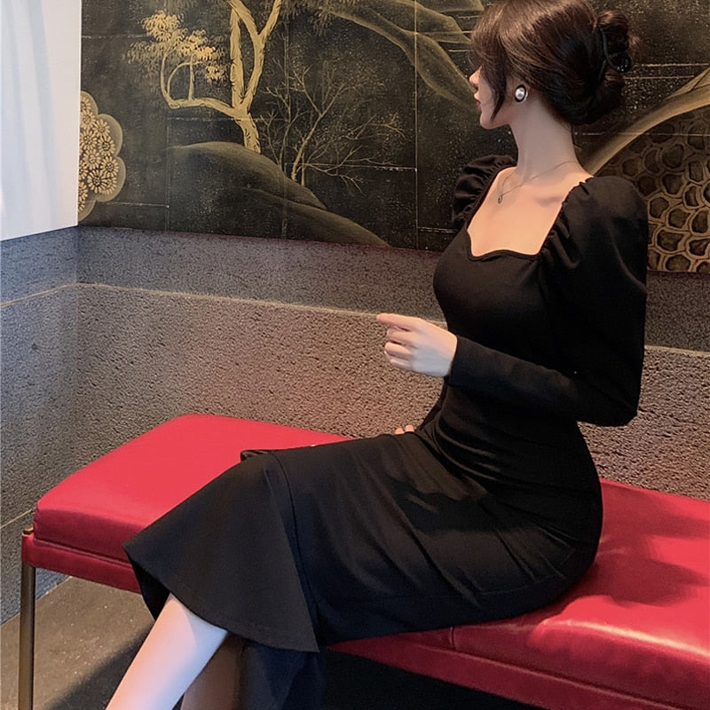 Elegant Mermaid Black Long Dress Women Korean One Piece Vintage Gothic Evening Party Dress Autumn Casual Hepburn Slim Dress 2023