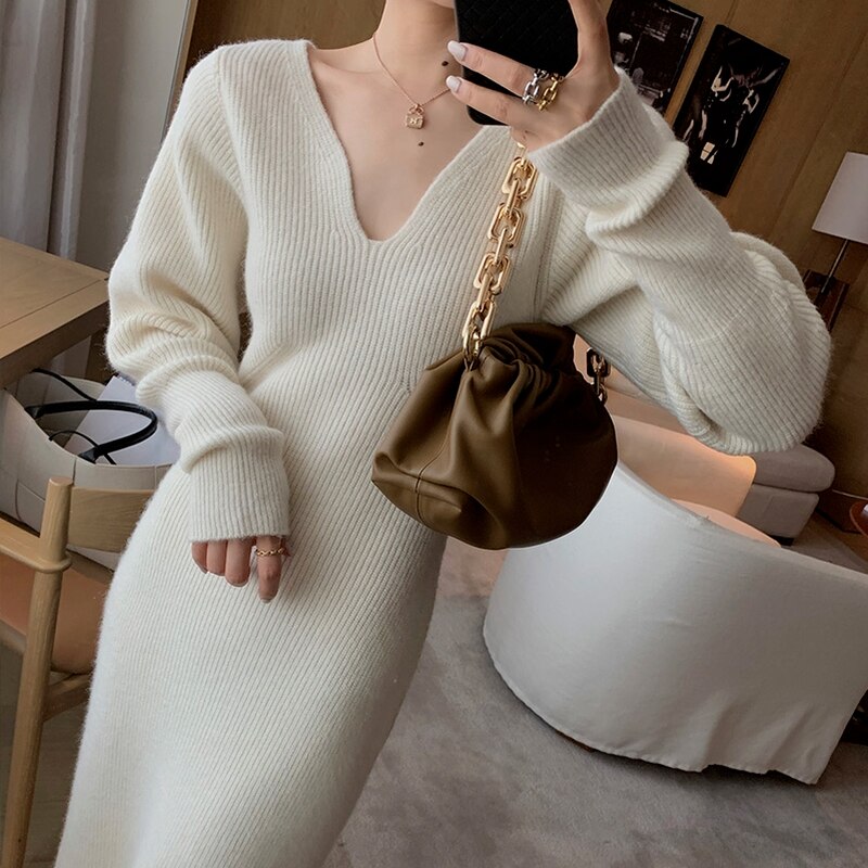 Elegant Long White Knitting Dress Women Winter V-Neck Long Sleeve Bodycon Dress Korean Office Lady High Waist Vintage Dress