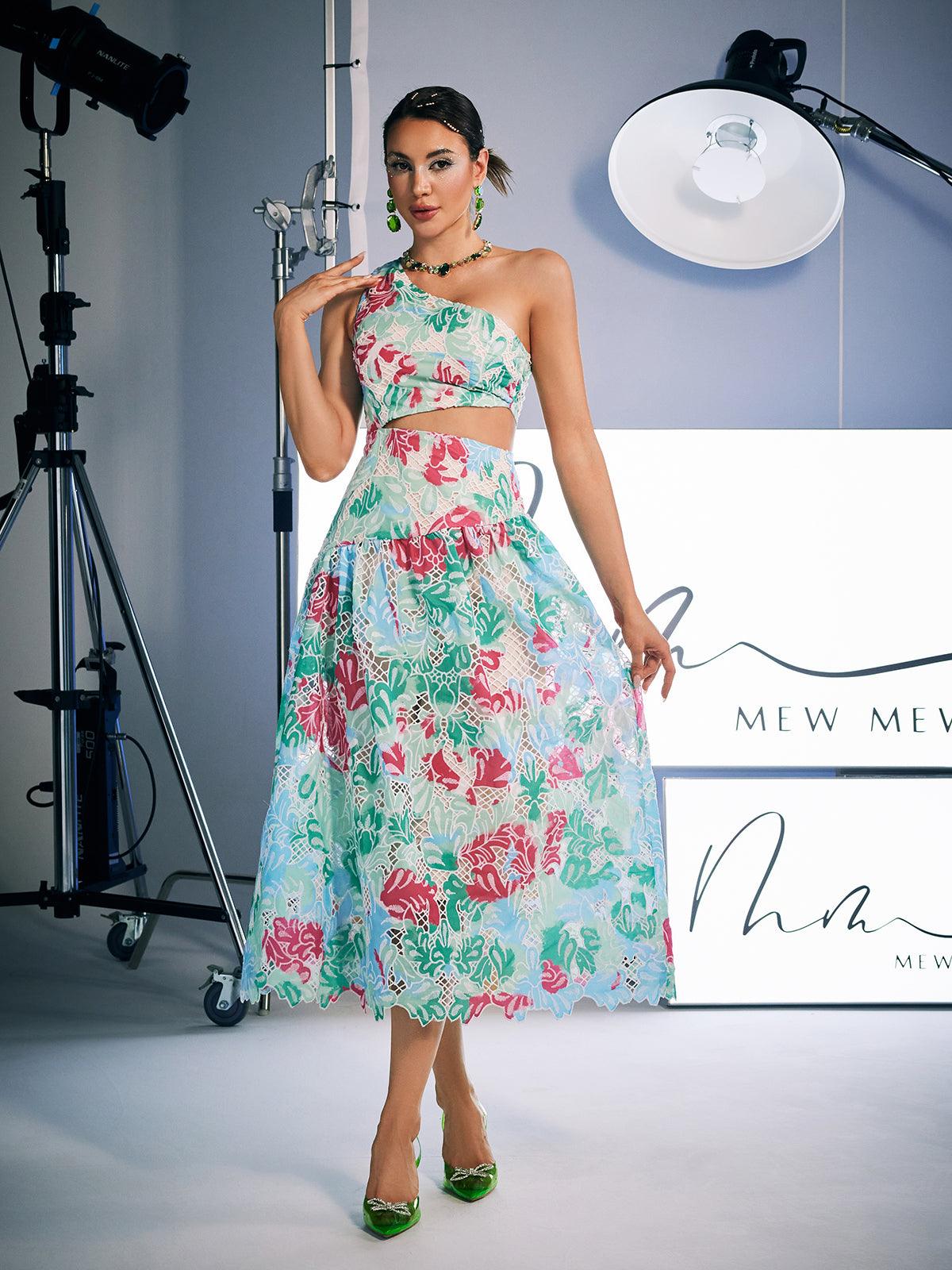 Habib One Shoulder Print Embroidered Dress