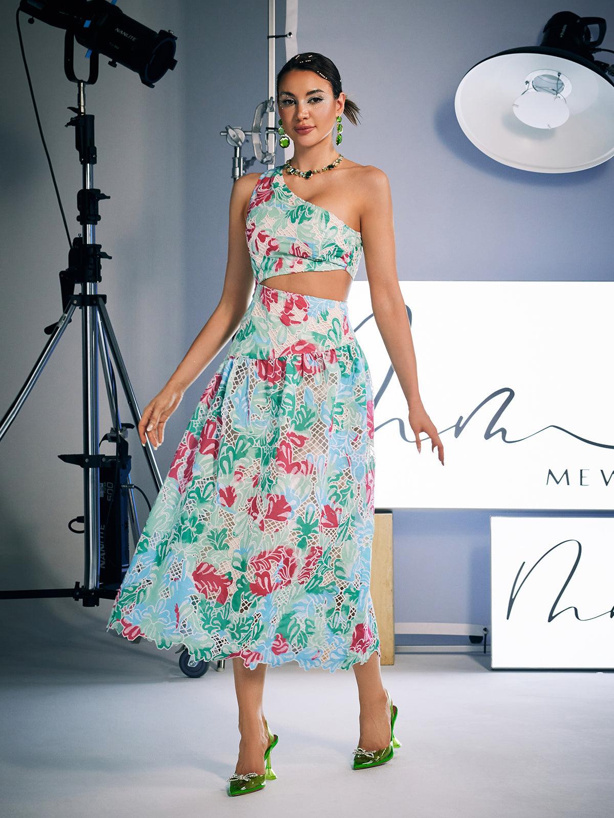 Habib One Shoulder Print Embroidered Dress