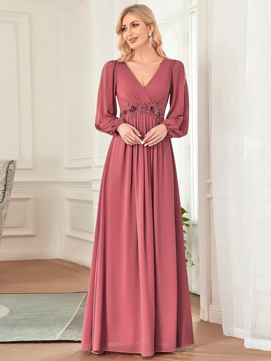 Elegant Evening Dresses Long Lantern Sleeves V-neck 2023 ever pretty of A-LINE Chiffon Burgundy flower beltbelt Prom Dress Women