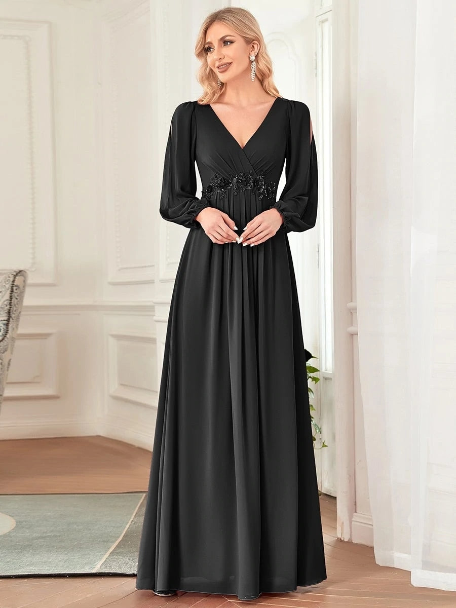 Elegant Evening Dresses Long Lantern Sleeves V-neck 2023 ever pretty of A-LINE Chiffon Burgundy flower beltbelt Prom Dress Women