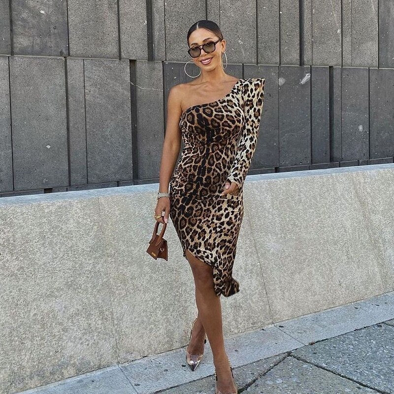 Elegant Leopard One Shoulder Bodycon Dress Women Pencil Slim Skinny Tight Shoulder Pads Formal Splited on Sale Clothing