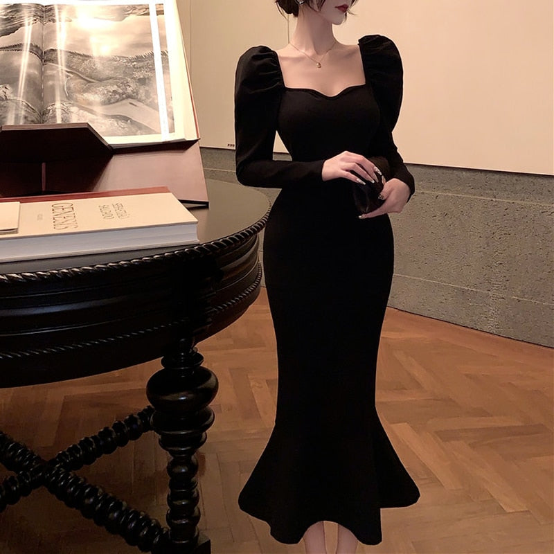 Elegant Mermaid Black Long Dress Women Korean One Piece Vintage Gothic Evening Party Dress Autumn Casual Hepburn Slim Dress 2023