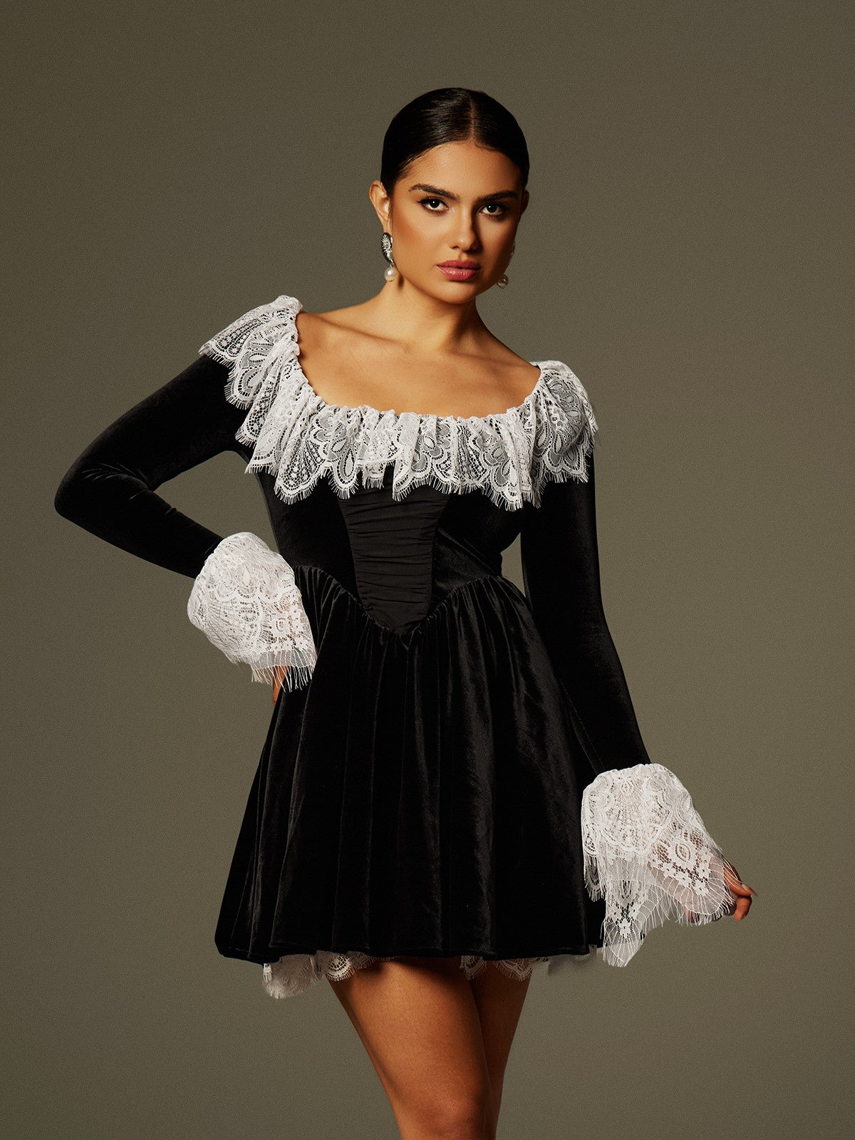 Jaxon Lace Trimmed Velvet Mini Dress