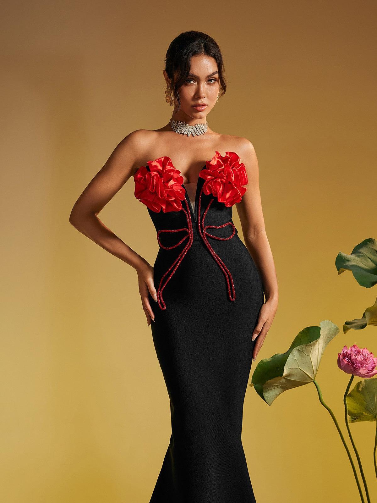 Musay Strapless Flower Crystal Maxi Dress