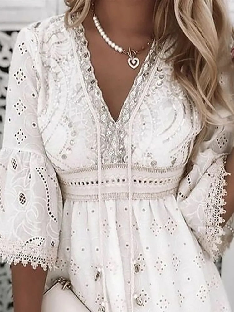 Elegant Lace Mini Dress Women Three Quarter Sleeve Dress Female V Neck Patchwork Lace Up Dress Ladies Vacation Beach Dress