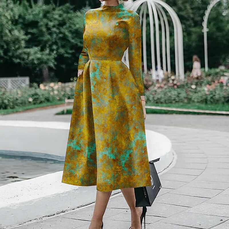 Elegant O Neck Office Midi Dress Fashion Colorful Print Waist Slim Party Dress Women Casual Long Sleeve Pocket Hem Boho Dresses
