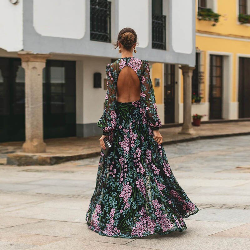 Elegant Maxi Dress 2023 Spring Summer Women&#39;s Clothes Sexy Backless Slim Print Dress Outfits For Women Vestidos