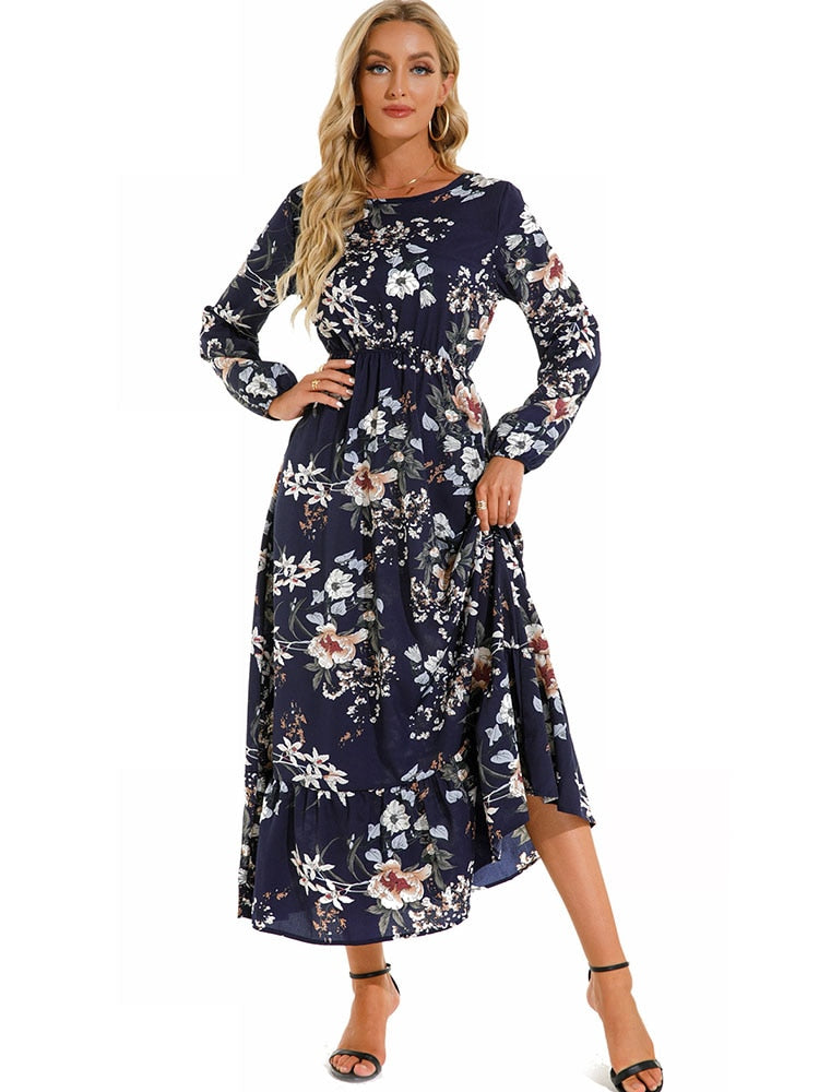 Elegant Floral Print Women Dress Spring Summer Casual O Neck Long Sleeve Chiffon A Line Long Maxi Dress Party Vestidos