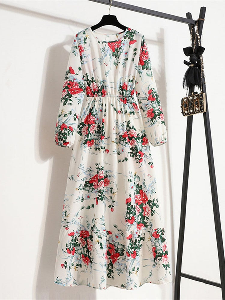 Elegant Floral Print Women Dress Spring Summer Casual O Neck Long Sleeve Chiffon A Line Long Maxi Dress Party Vestidos