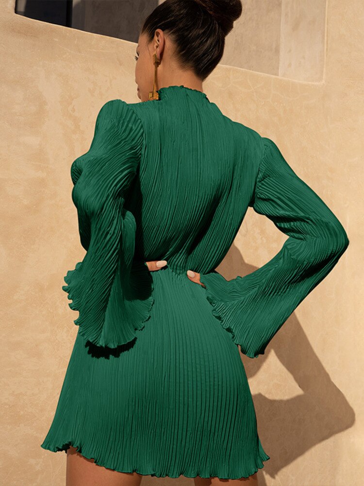 Elegant Flare Sleeve O Neck Pleated Mini Dress for Women Robe Autumn Long Sleeve Ruched Short Dresses Clubwear Vestido