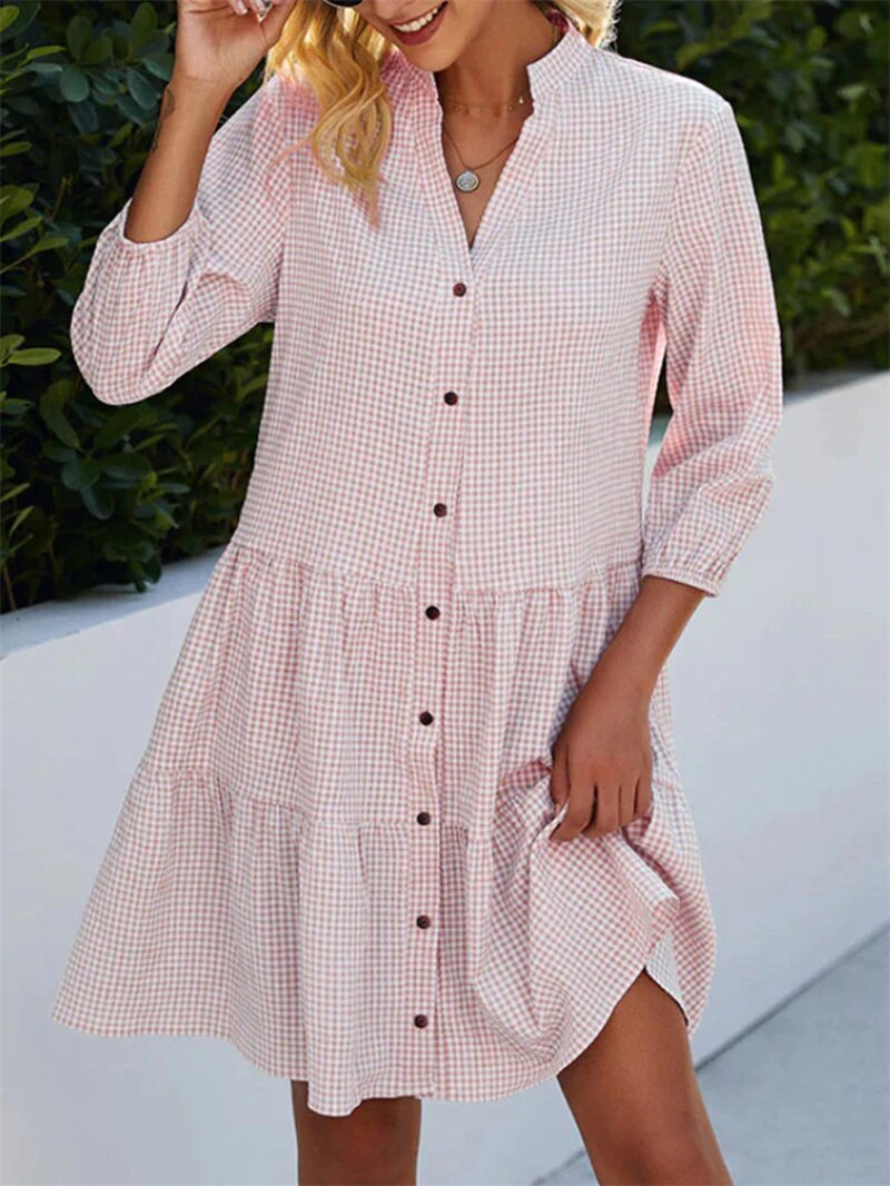 Elegant Commuter Plaid Print Dresses Women Stand-up Collar Single Breasted Cardigan Dressy Female Three Segment Half Sleeve Gown
