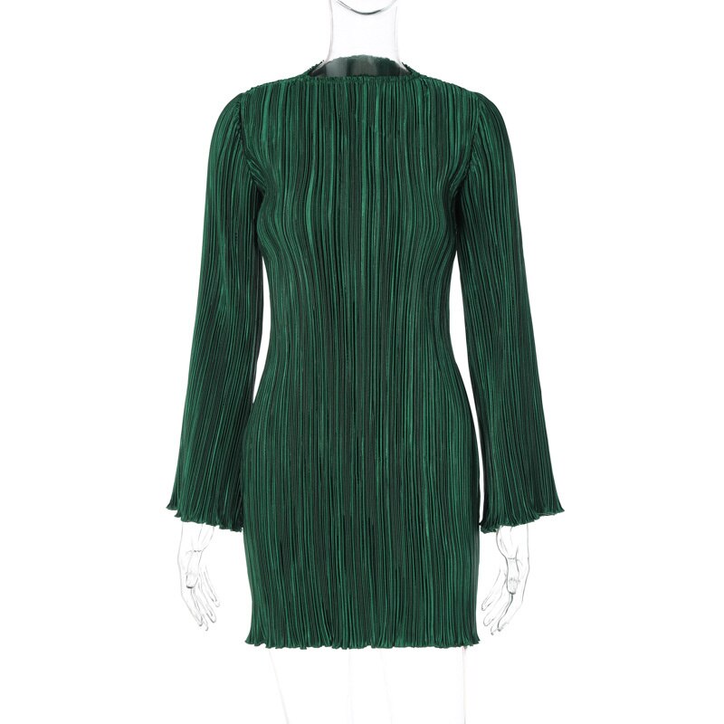 Elegant Flare Sleeve O Neck Pleated Mini Dress for Women Robe Autumn Long Sleeve Ruched Short Dresses Clubwear Vestido