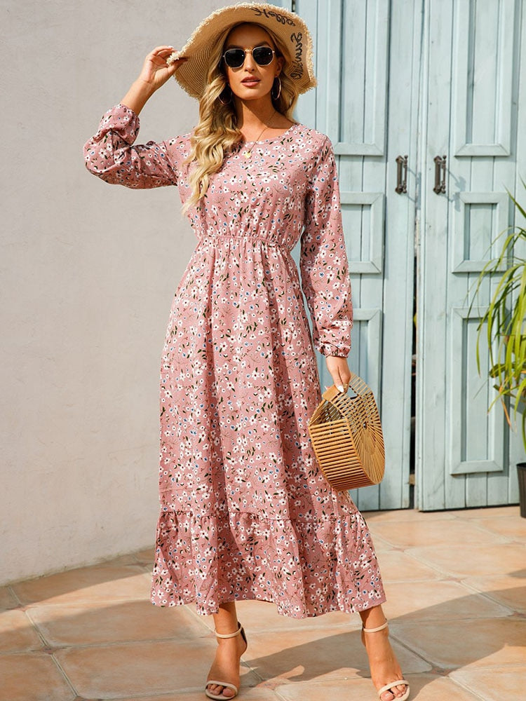Elegant Floral Print Women Dress Spring Summer Casual O Neck Long Sleeve Chiffon A Line Long Maxi Dress Party Vestidos