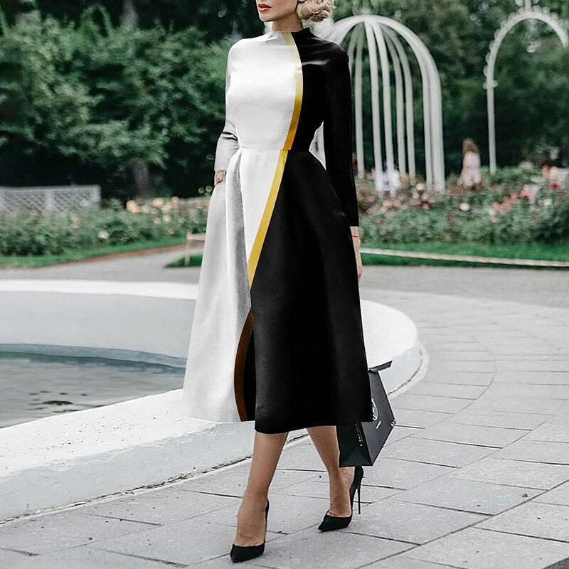 Elegant O Neck Office Midi Dress Fashion Colorful Print Waist Slim Party Dress Women Casual Long Sleeve Pocket Hem Boho Dresses