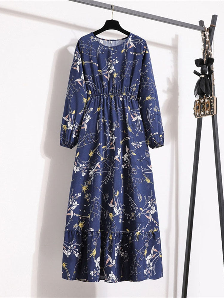 Elegant Floral Print Women Dress Spring Summer Casual O Neck Long Sleeve Chiffon A Line Long Maxi Dress Party Vestidos