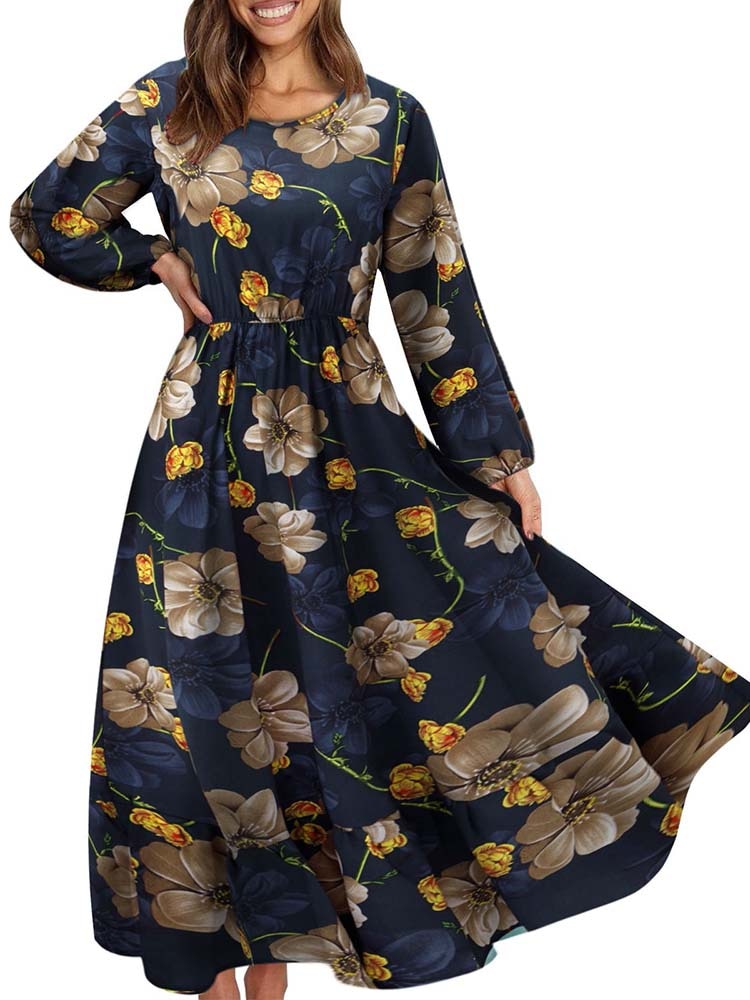 Elegant Floral Print Women Dress Spring Summer Casual O Neck Long Sleeve Chiffon A Line Long Maxi Dress Party Vestidos