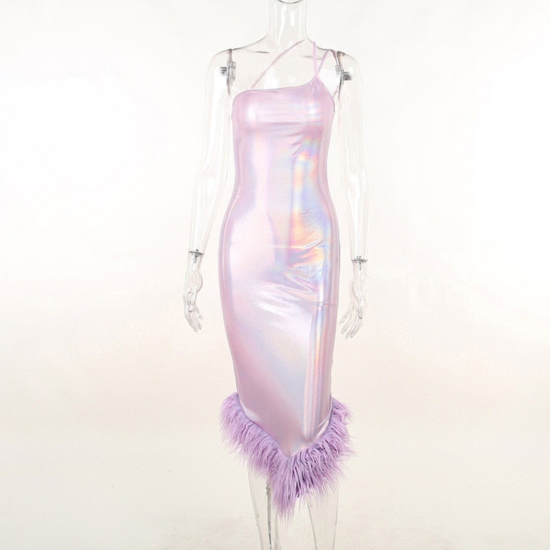 Elegant Glitter Feather Midi Dress for Women  Fashion Sexy Strapless Sleeveless Backless Bodycon Long Dresses Vestido Clothes