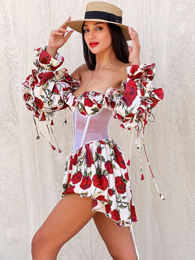 Elegant Flower Printed Corset Dress Holiday Beach Streetwear Y2K 2023 Sexy High Waist See-through Mesh Patchwork Short Dresses