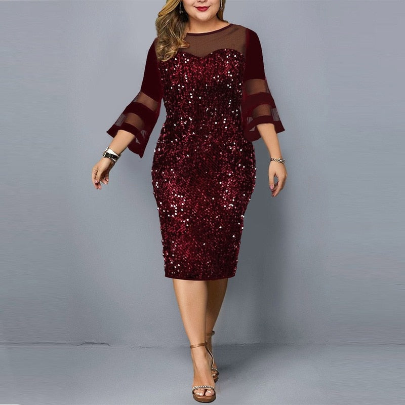 Elegant Dresses For Women Oversized Formal Party Midi Dress Hollow Out Three Quarter O-Neck Sexy Bodycon Spring Evening Vestidos