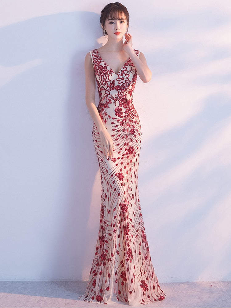 Elegant Mermaid Evening Dress Sleeveless Sequins Robe De Soriee V-neck Tulle Prom Gown Beads Formal Dress New 2023