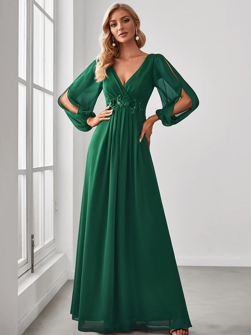 Elegant Evening Dresses Long Lantern Sleeves V-neck 2023 ever pretty of A-LINE Chiffon Burgundy flower beltbelt Prom Dress Women