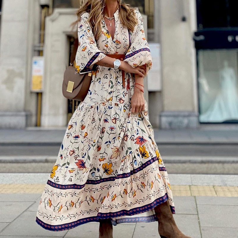 Elegant Floral Print Holiday Boho Long Dress 2023 New Spring Casual Beach Dress Feminine V-Neck Half-Sleeve Ruffled Waist Dress
