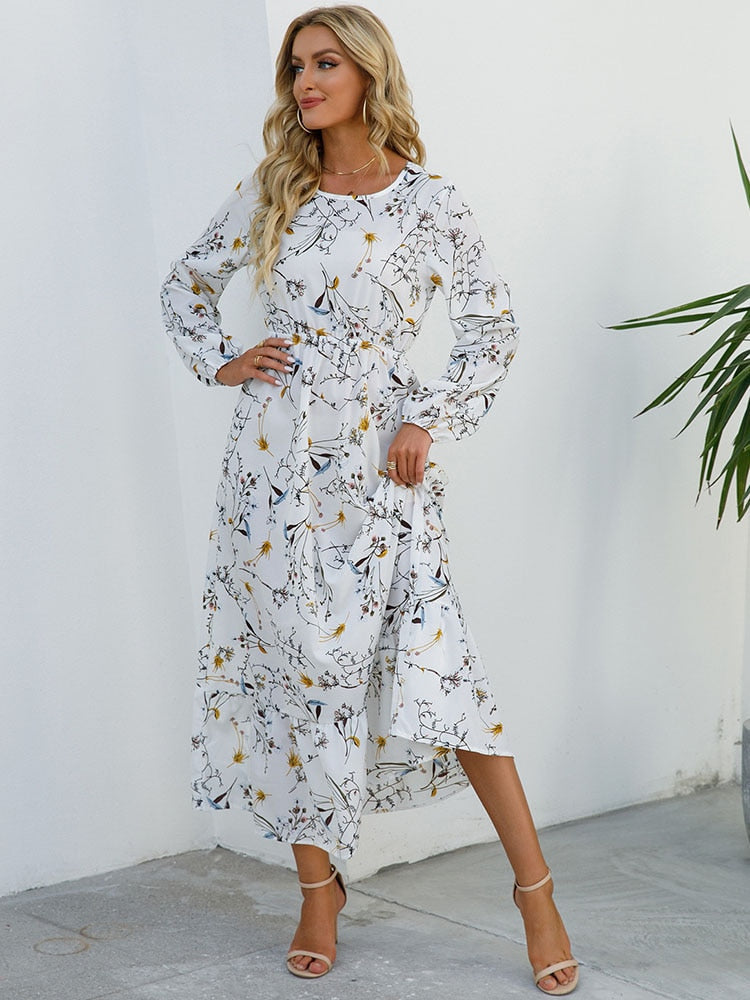 Elegant Floral Print Women Dress Spring Summer Casual O Neck Long Sleeve Chiffon A Line Long Maxi Dress Party Vestidos