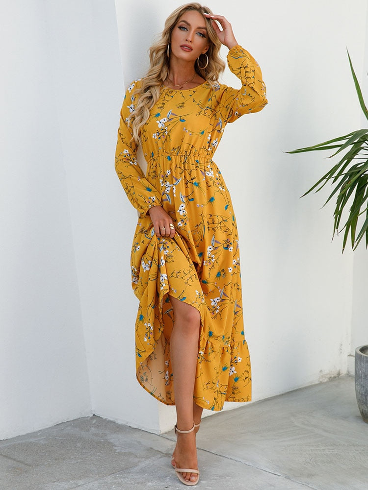 Elegant Floral Print Women Dress Spring Summer Casual O Neck Long Sleeve Chiffon A Line Long Maxi Dress Party Vestidos