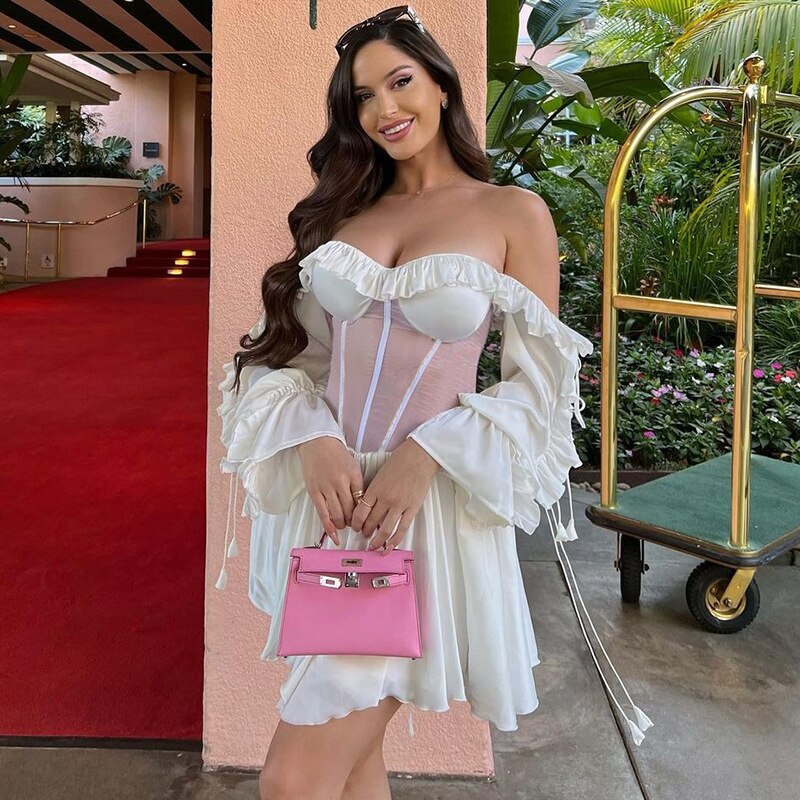 Elegant Flower Printed Corset Dress Holiday Beach Streetwear Y2K 2023 Sexy High Waist See-through Mesh Patchwork Short Dresses