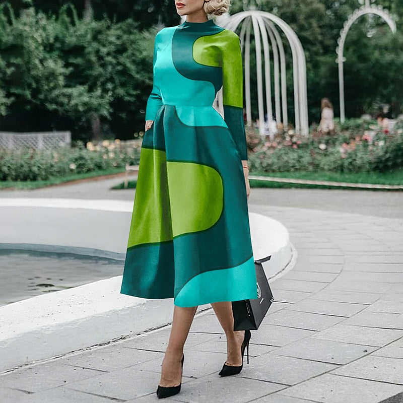 Elegant O Neck Office Midi Dress Fashion Colorful Print Waist Slim Party Dress Women Casual Long Sleeve Pocket Hem Boho Dresses