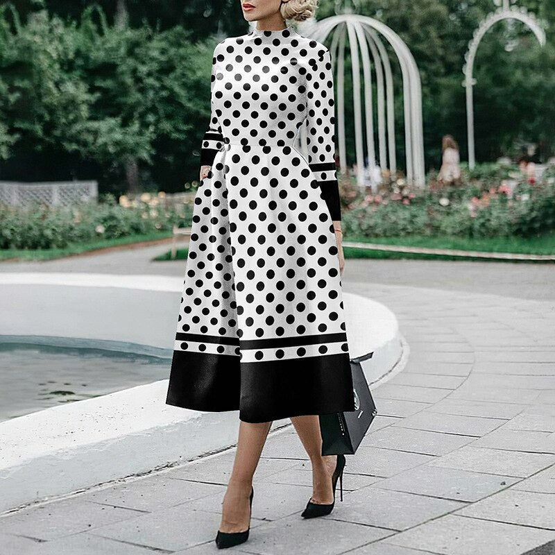 Elegant O Neck Office Midi Dress Fashion Colorful Print Waist Slim Party Dress Women Casual Long Sleeve Pocket Hem Boho Dresses