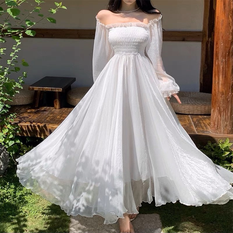 Elegant Holiday Beach Dresses Summer Women Solid White Puff Sleeve Slash Neck Off Shoulder Korean Fashion Chiffon Dresses