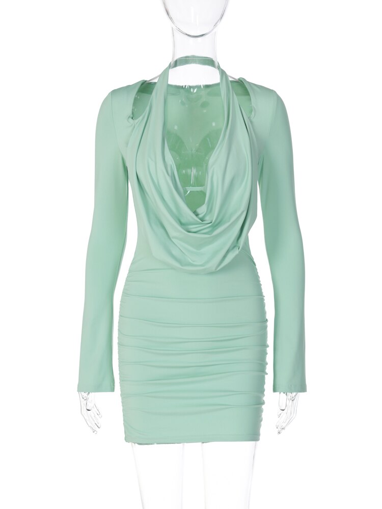 Elegant Halter Long Sleeve Bodycon Dresses for Women Cut Out Ruched Mini Dress Sexy Night Club Party Dress Winter Autumn