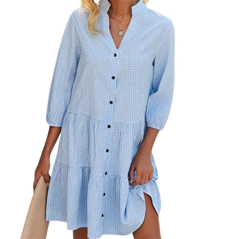 Elegant Commuter Plaid Print Dresses Women Stand-up Collar Single Breasted Cardigan Dressy Female Three Segment Half Sleeve Gown